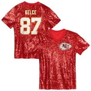 Travis Kelce Kansas City Chiefs Girls Youth Sequin V-Neck Fashion Jersey - Red